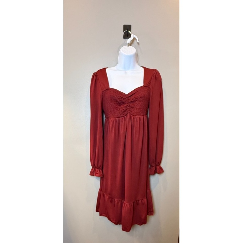 NWT Burgundy Smocked Long Sleeve Ruffle Hem Mini Dress Size Small Boho